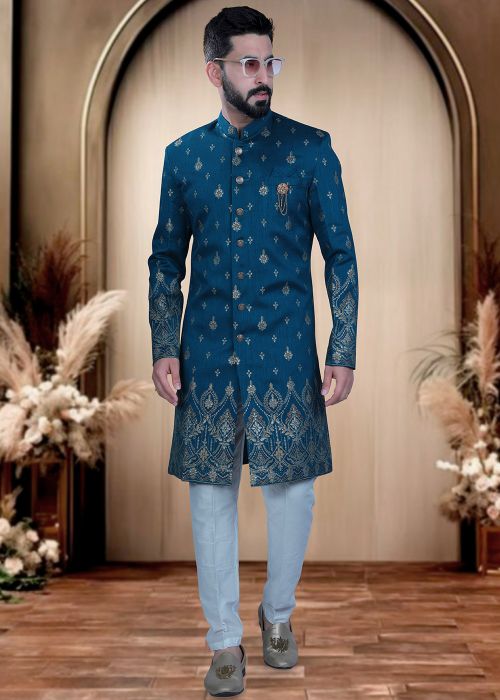 Teal Blue Silk Indo Western Sherwani With Foil Print