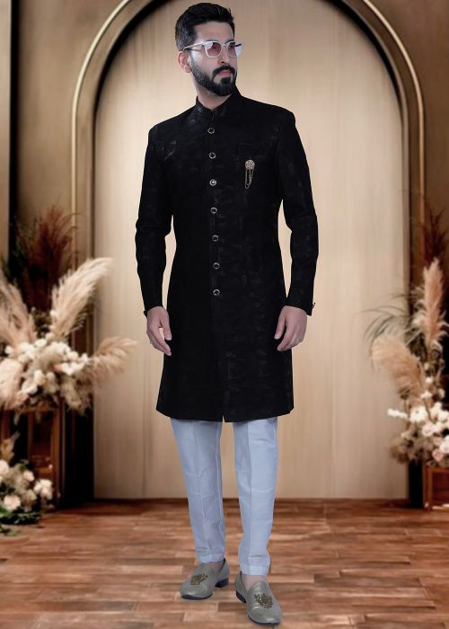 Black Terry Rayon Indo Western Sherwani With Woven Art