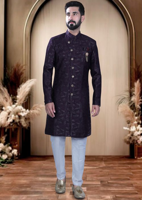 Purple Terry Rayon Indo Western Sherwani With Woven Detail