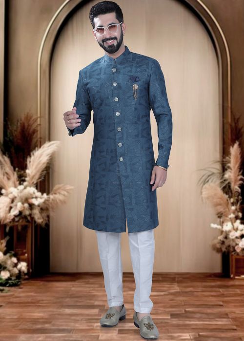 Blue Terry Rayon Indo Western Sherwani With Woven Finish