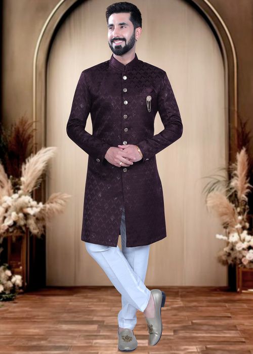 Wine Terry Rayon Indo Western With Thread Detailing