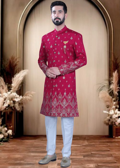Pink Silk Indo Western Sherwani With Foil Print