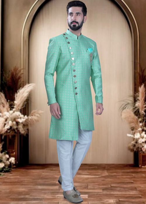 Turquoise Brocade Indo Western Sherwani With Woven Work