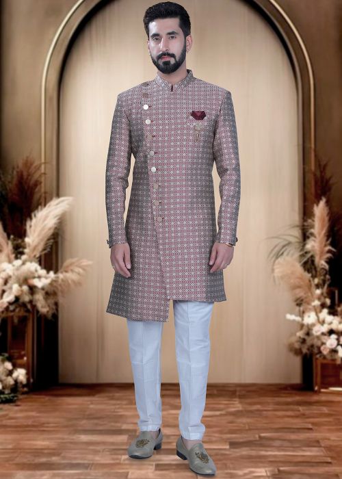 Brown Brocade Indo Western Sherwani With Woven Detailing