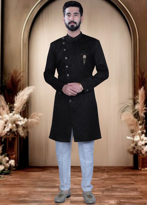 Black Satin Indo Western Sherwani With Woven Work