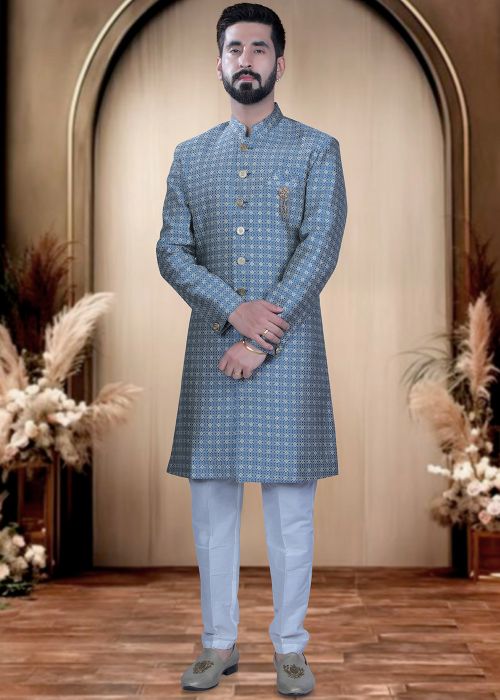 Sky Blue Brocade Indo Western Sherwani With Woven Pattern