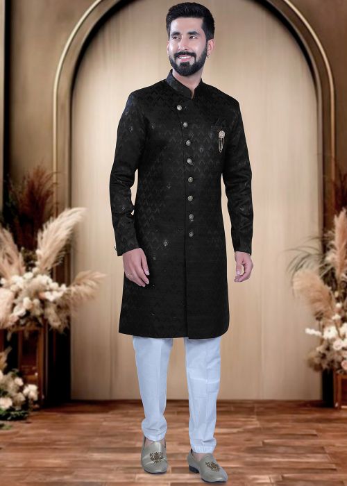 Black Terry Rayon Indo Western Sherwani With Subtle Weaves