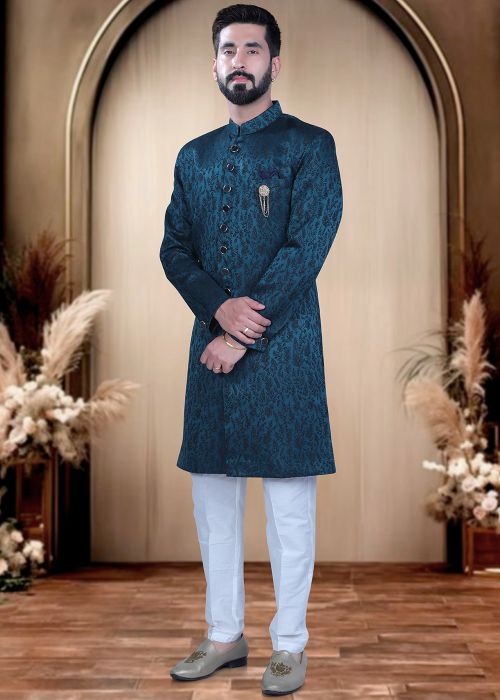 Teal Blue Satin Woven Indo Western Sherwani