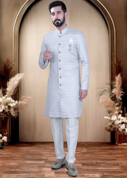 White Cotton Silk Embroidered Indo Western Sherwani
