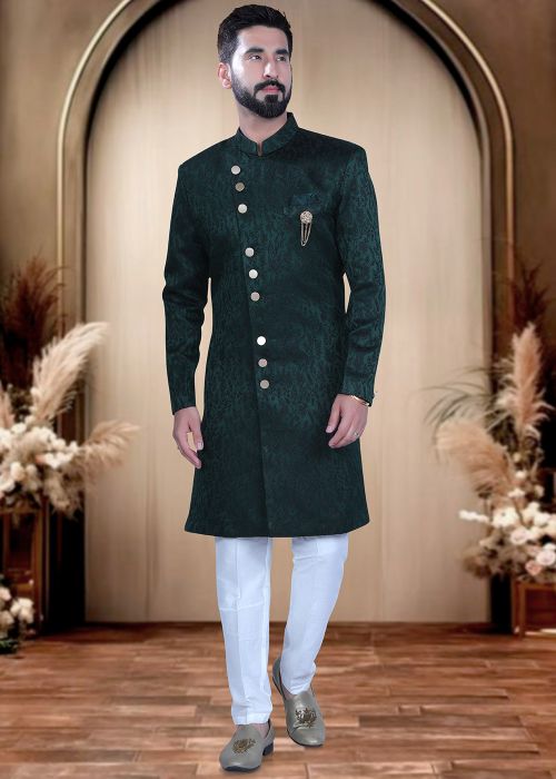 Dark Green Satin Indo Western Sherwani With Subtle Texture