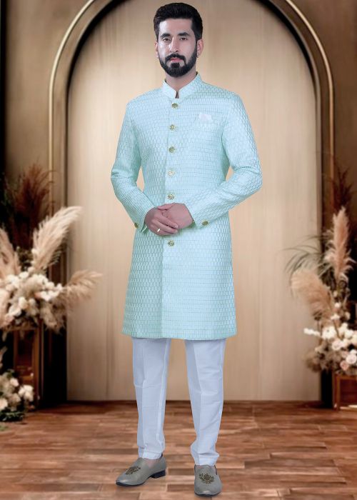 Mint Green Cotton Silk Embroidered Indo Western Sherwani