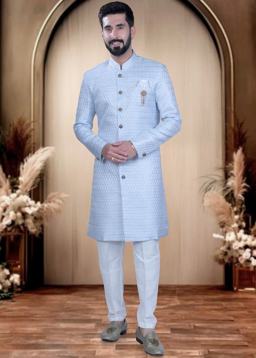 Light Blue Cotton Silk Embroidered Indo Western Sherwani
