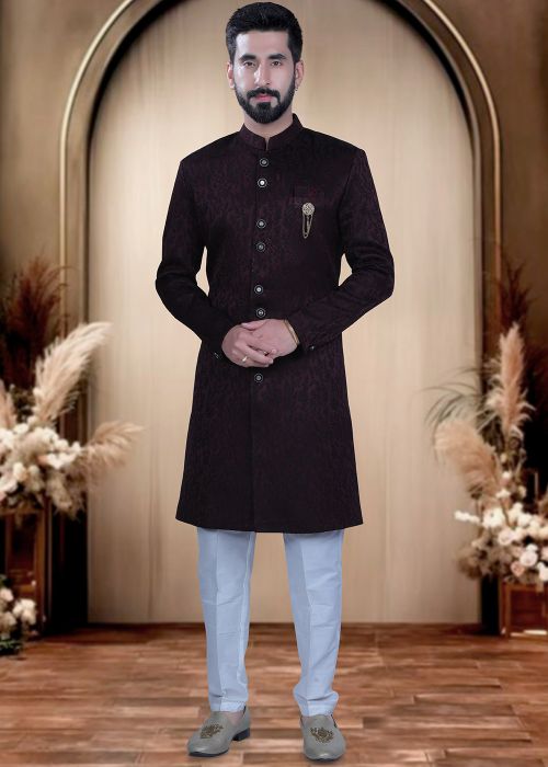 Maroon Satin Indo Western Sherwani With Woven Detailing