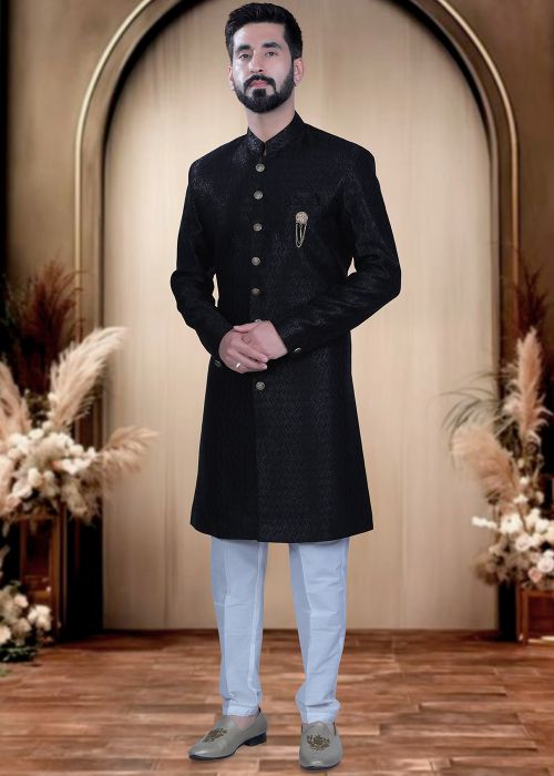 Black Indo Western Sherwani With Minimal Texture
