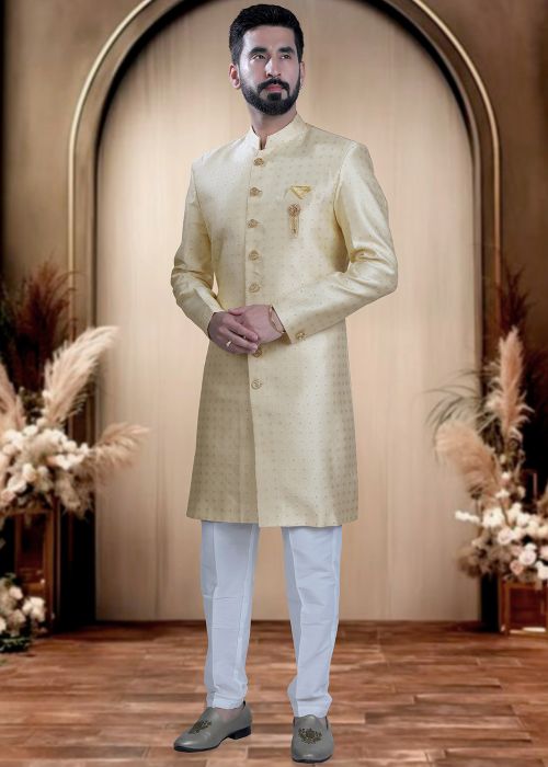 Cream Brocade Indo Western Sherwani With Woven Design