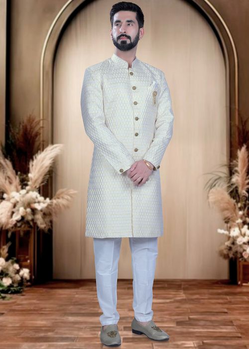 Cream Indo Western Sherwani With Embroidery