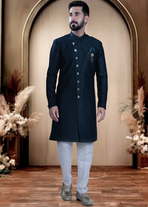Navy Blue Terry Rayon Indo Western Sherwani With Weaves