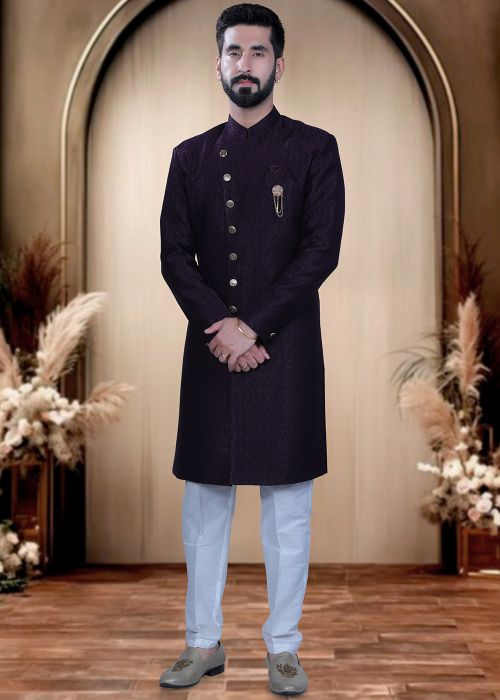 Purple Terry Rayon Indo Western Sherwani With Woven Work