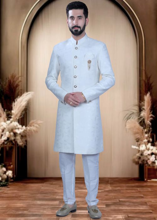 White Terry Rayon Indo Western Sherwani With Woven Work