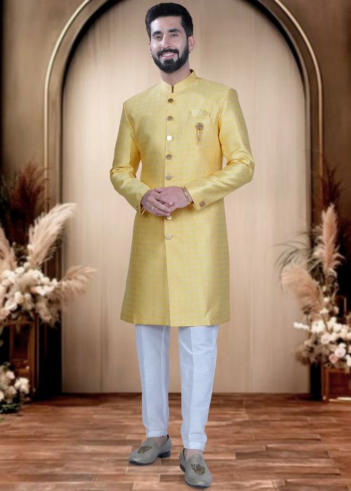 Yellow Brocade Indo Western Sherwani With Woven Motifs