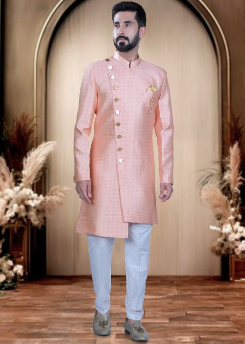 Peach Brocade Indo Western Sherwani With Woven Details