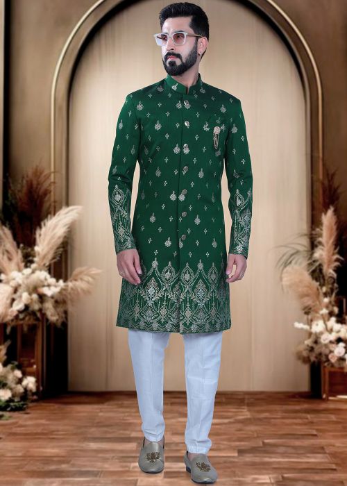 Green Silk Indo Western Sherwani With Foil Finish