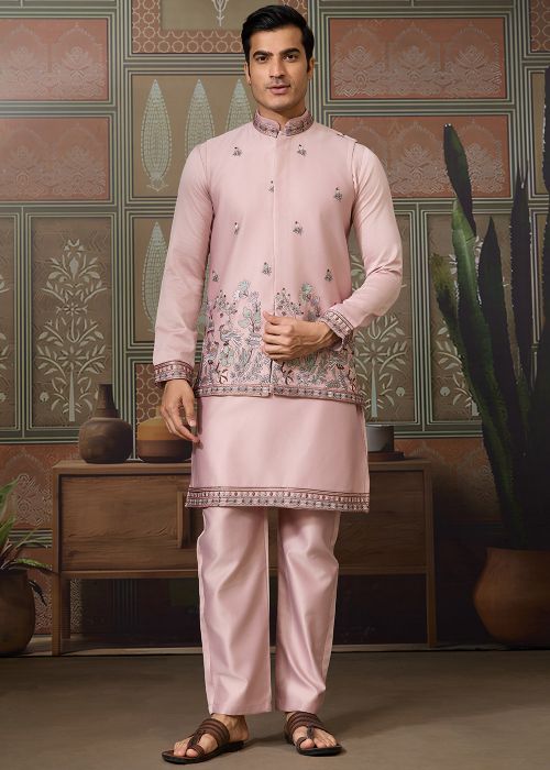Blush Pink Silk Kurta Pajama With Embroidered Jacket