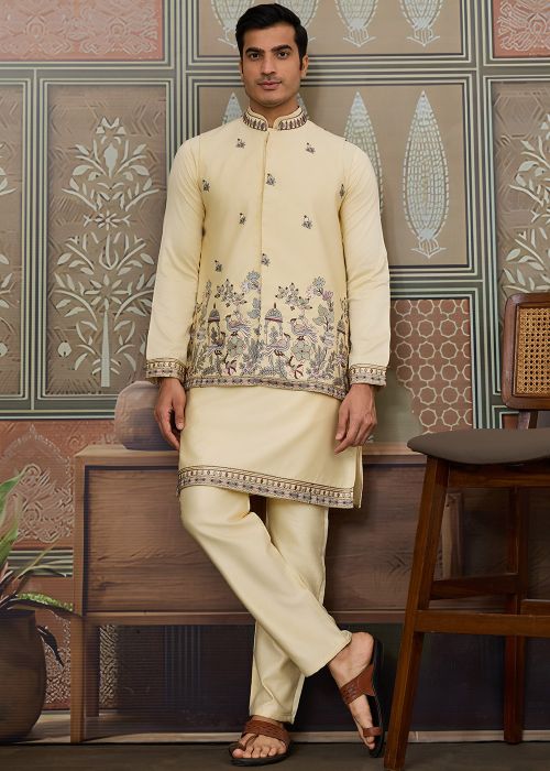 Light Yellow Silk Kurta Pajama With Embroidered Jacket