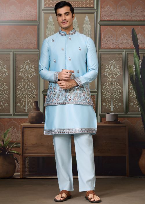 Sky Blue Silk Kurta Pajama With Embroidered Jacket