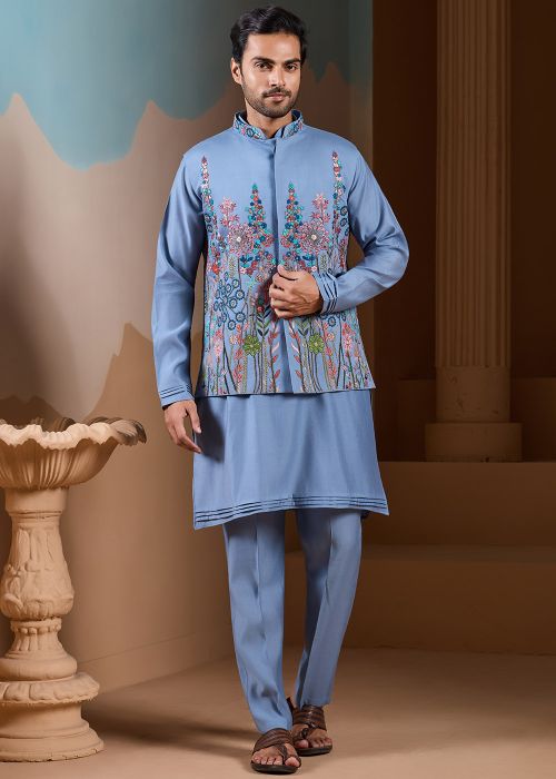 Light Blue Silk Kurta Pajama With Embroidered Jacket