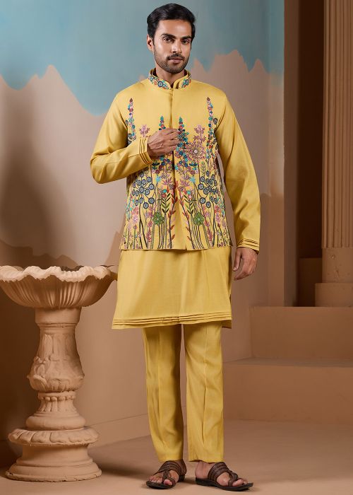 Yellow Silk Kurta Pajama With Embroidered Jacket