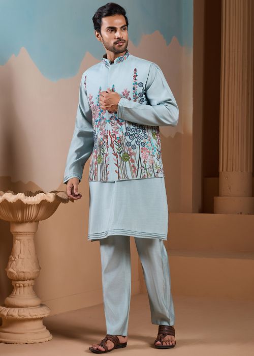 Mint Green Silk Kurta Pajama With Floral Thread Jacket