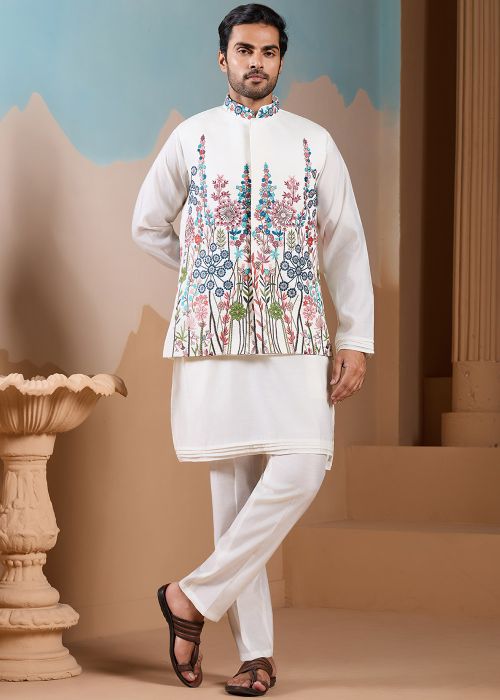 White Silk Kurta Pajama With Multicolor Embroidered Jacket