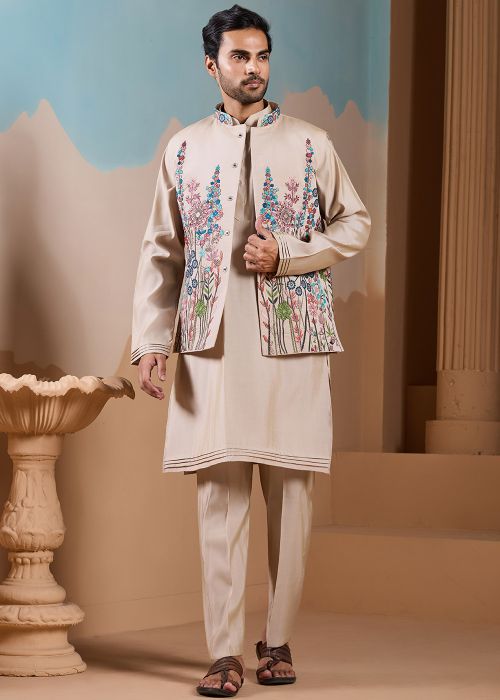 Beige Silk Kurta Pajama With Elegant Embroidered Jacket