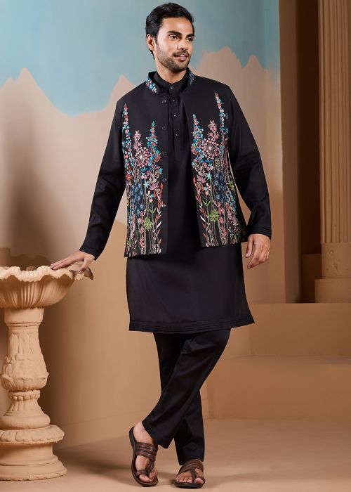 Black Silk Kurta Pajama With Embroidery Jacket