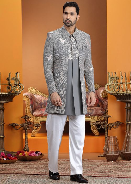 Grey Embroidered Indo Western Sherwani Set