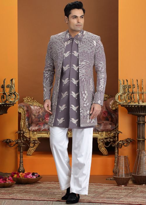 Mauve Purple Art Silk Indo Western Sherwani Set