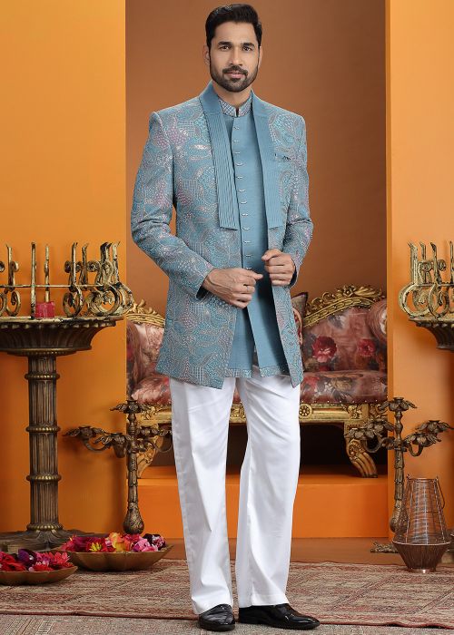 Blue Embroidered Art Silk Indo Western Sherwani Set