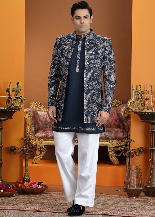 Navy Blue Art Silk Indo Western Sherwani Set