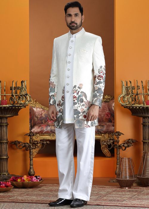 Cream Floral Art Silk Indo Western Sherwani