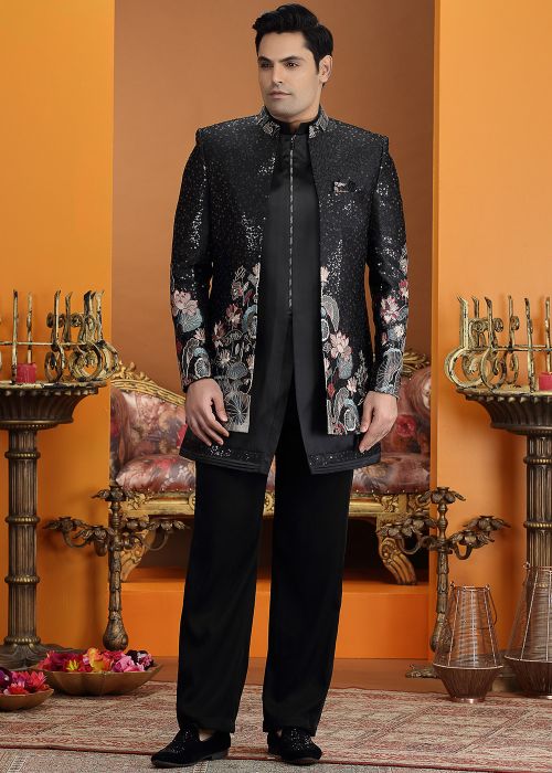 Black Indo Western Sherwani With Floral Embroidery