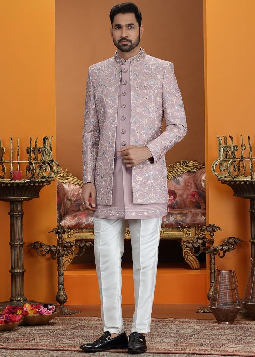 Mauve Pink Indo Western Sherwani With Embroidery Work