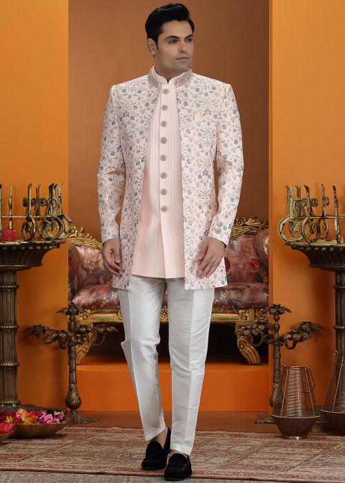 Pink Art Silk Embellished Indo Western Sherwani Set