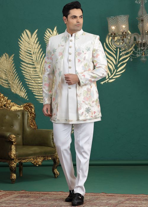 Cream Indo Western Sherwani With Thread Work