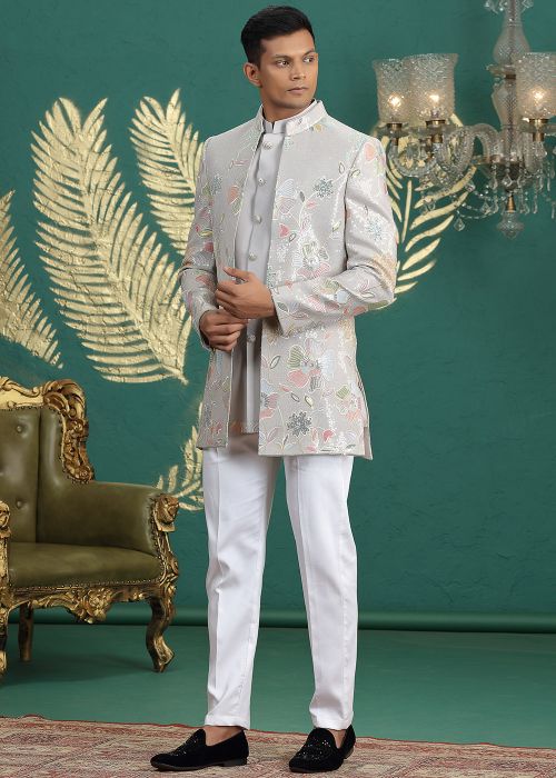 Grey Embroidered Art Silk Indo Western Sherwani Set