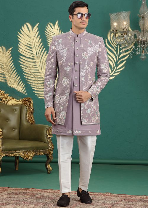 Mauve Purple Embroidered Indo Western Sherwani