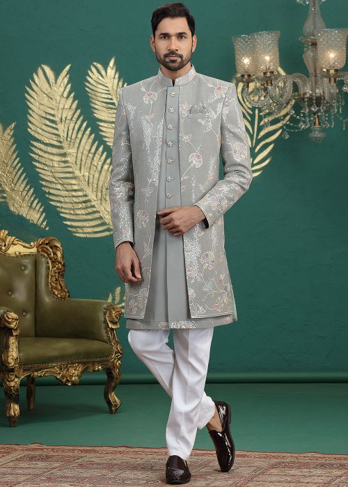 Grey Embellished Indo Westen Sherwani Set
