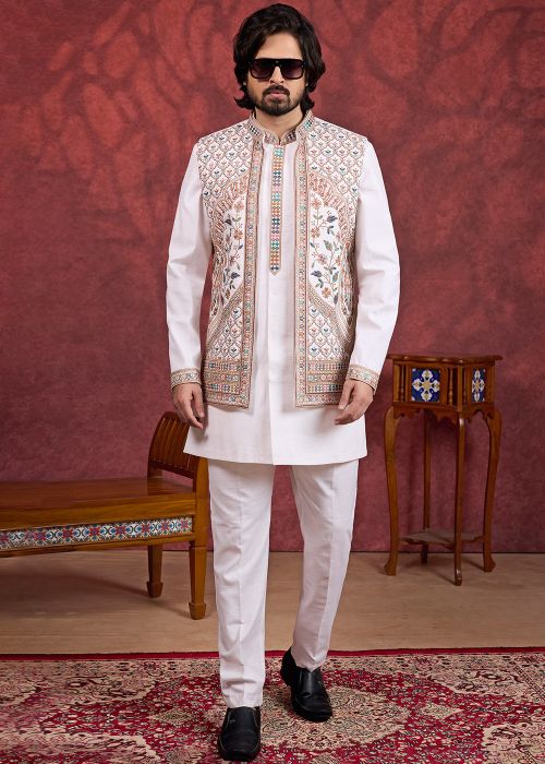Cream Art Silk Kurta Pant With Embroidered Jacket