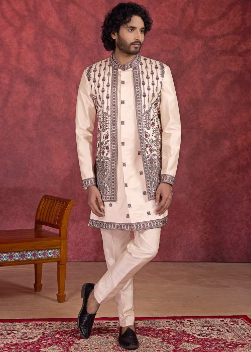 Peach Art Silk Kurta Pant With Classic Jacket