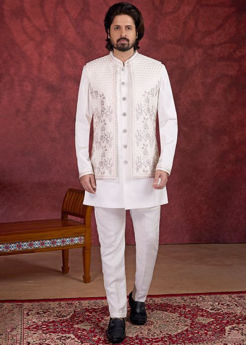 Cream Art Silk Kurta Pant With Subtle Sequin Jacket
